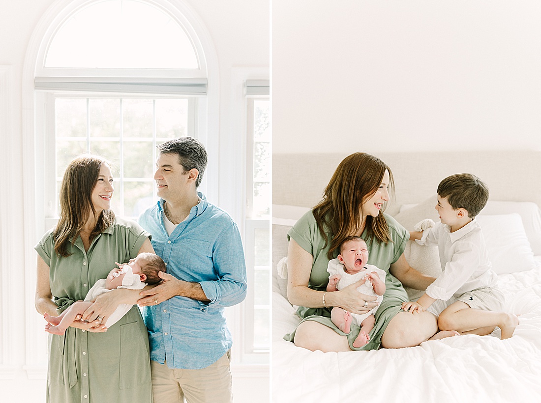 parent hold baby during in-home newborn photo session with Sara Sniderman Photography in Sherborn Massachusetts