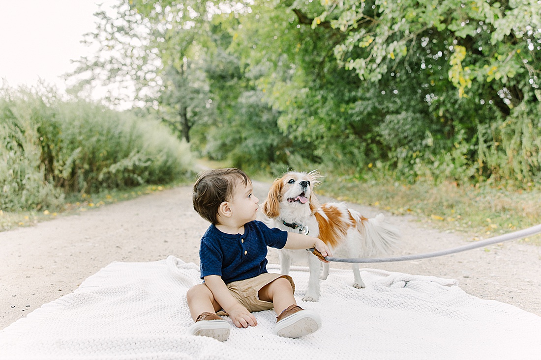 birthday boy sits with dog during first birthday photo session with Sara Sniderman Photography in newton massachusetts