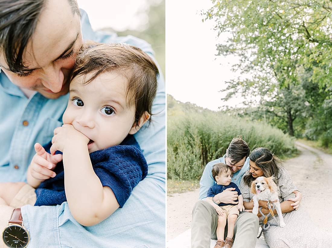 family and dog sit together during first birthday photo session with Sara Sniderman Photography in newton massachusetts