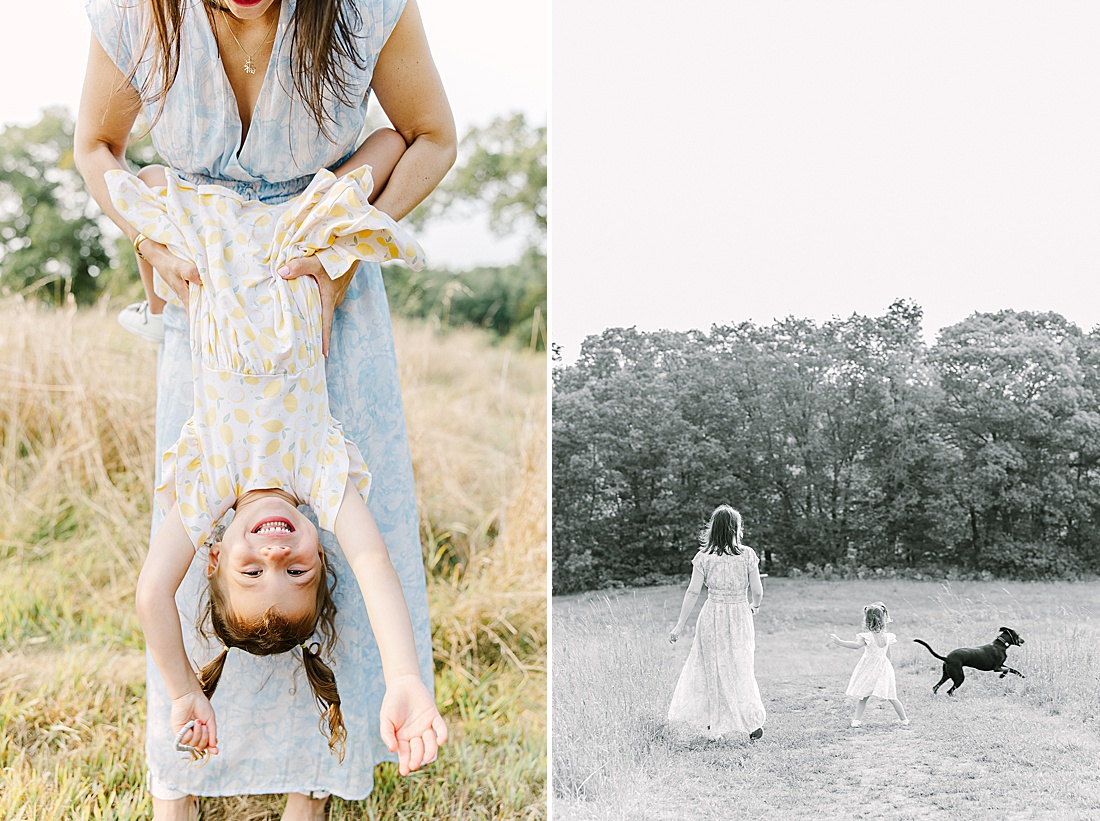 mother holds daughter upside down during family photo session with Sara Sniderman Photography in Needham Massachusetts