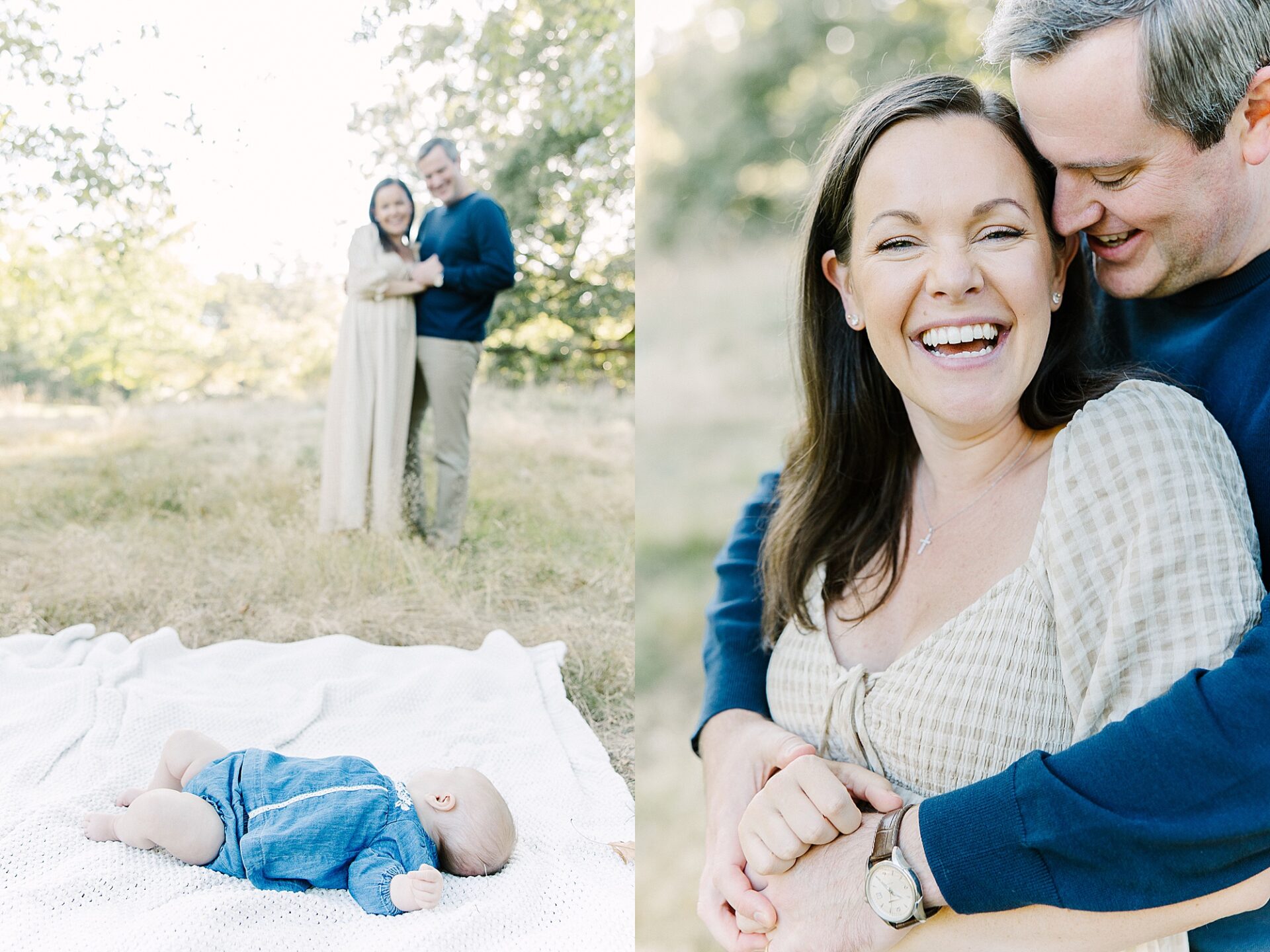 photo of parents standing together looking at baby laying on blanket during outdoor newborn photo session with Sara Sniderman Photography at Wellesley College
