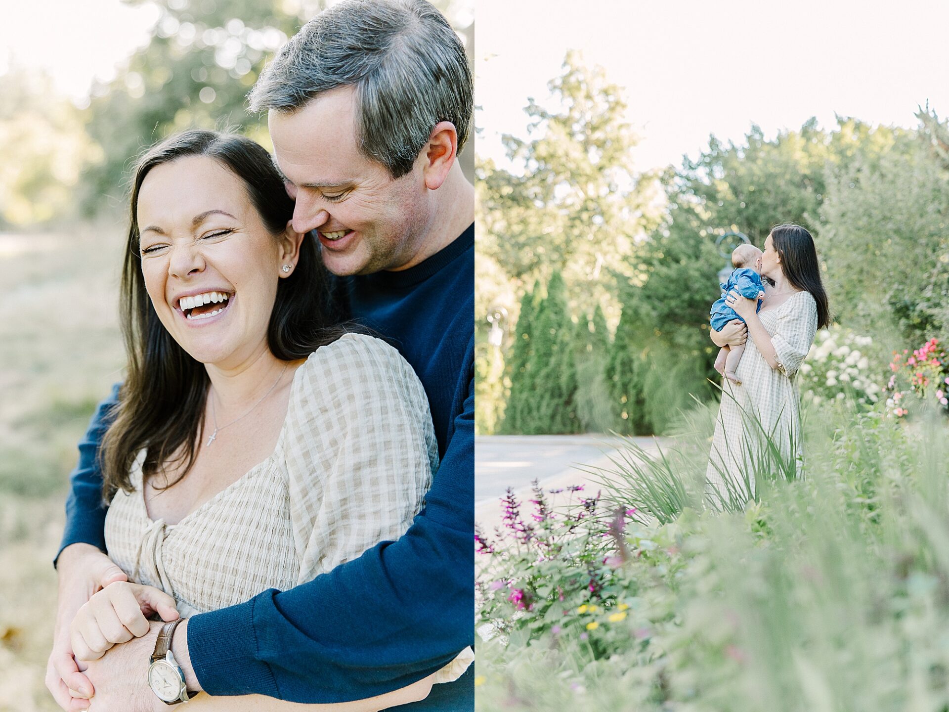 parents laugh together during outdoor newborn photo session with Sara Sniderman Photography at Wellesley College