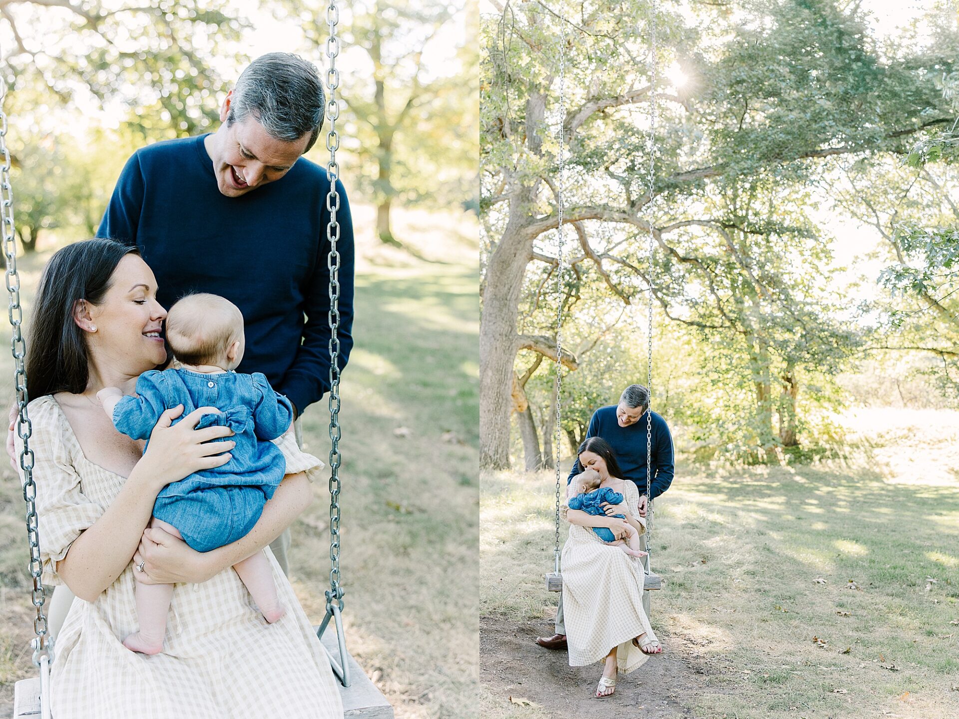 family on tree swing during outdoor newborn photo session with Sara Sniderman Photography at Wellesley College