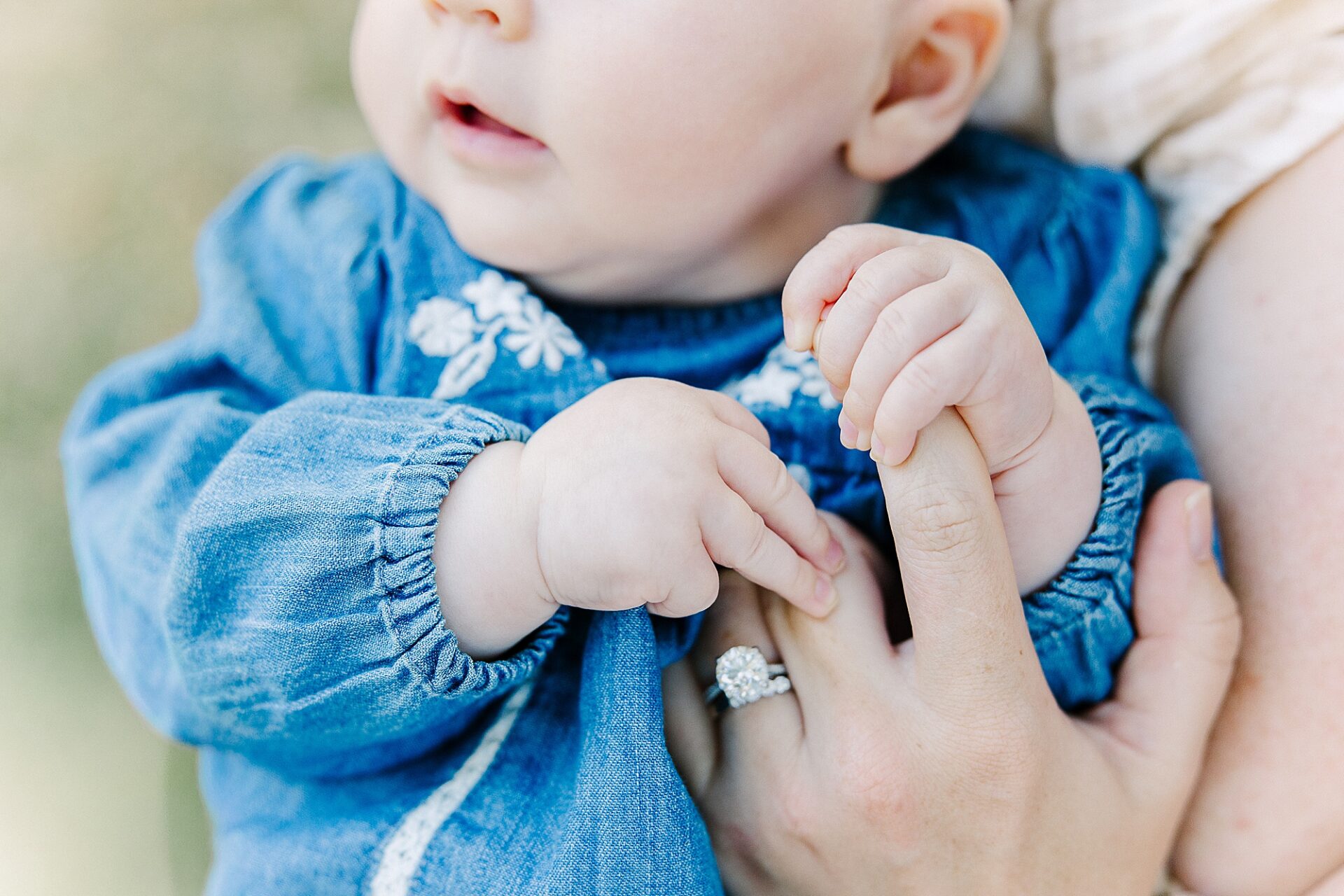 baby hold mothers hand during outdoor newborn photo session with Sara Sniderman Photography at Wellesley College