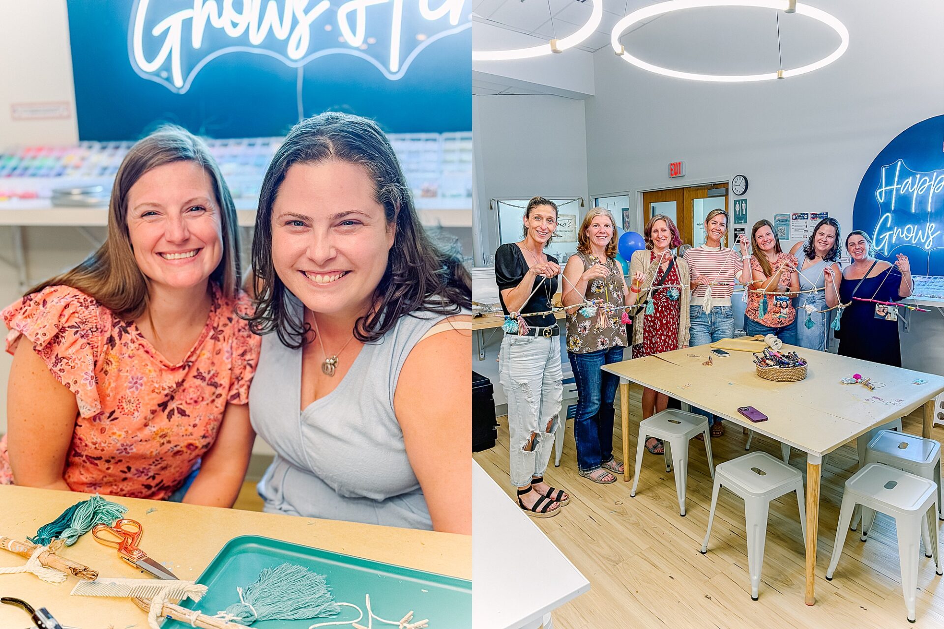women holding up project during adult birthday party at Bloom and Grown in Natick Massachusetts