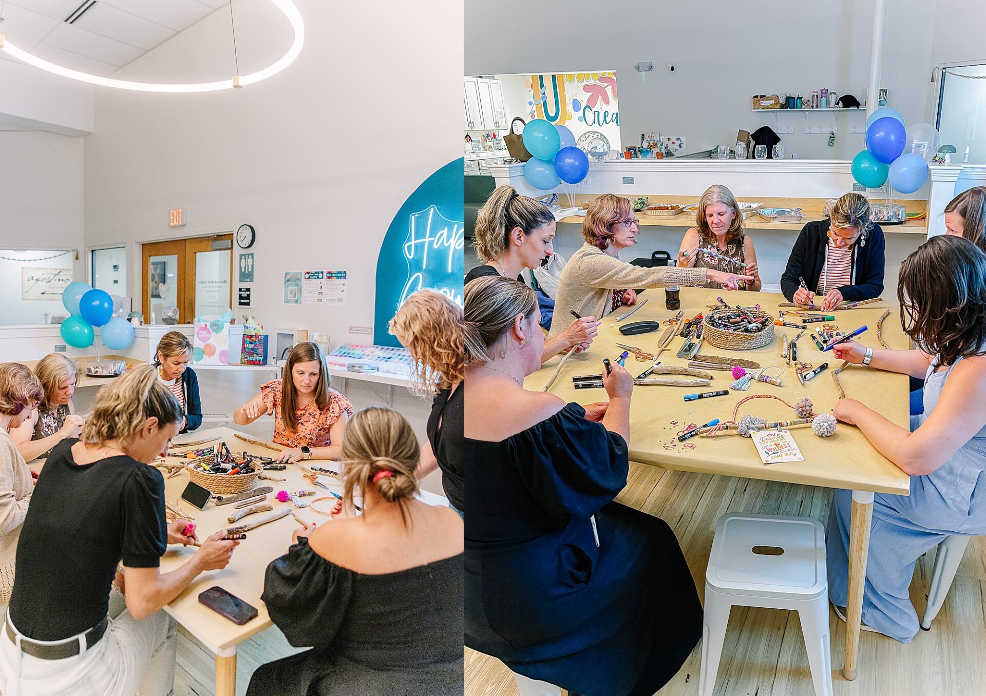 women do art project and chat during adult birthday party at Bloom and Grown in Natick Massachusetts
