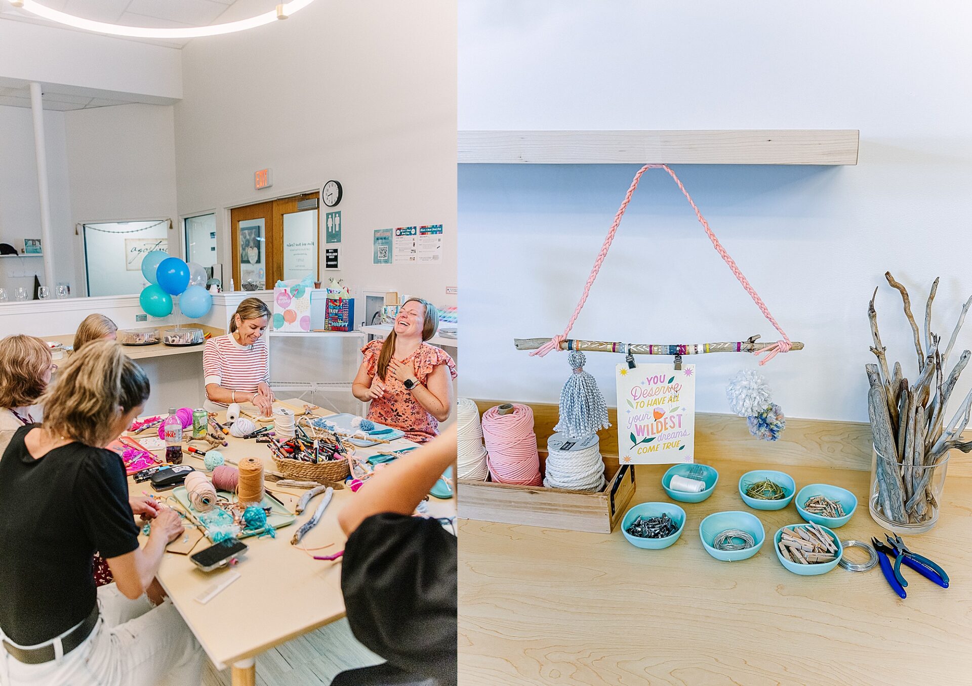 women sit around table doing project and laughing during adult birthday party at Bloom and Grown in Natick Massachusetts