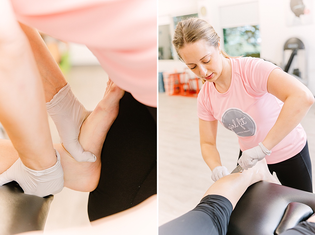 physical therapist works on calf at girl fit physical therapy in Newton Massachusetts