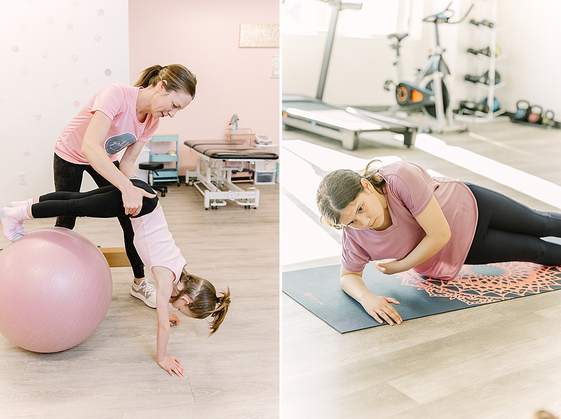 physical therapist helps girl on exercise ball at girl fit physical therapy in Newton Massachusetts