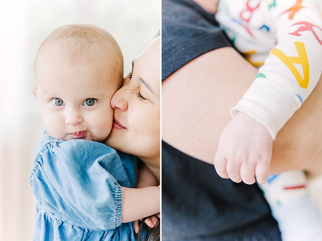mom kisses baby during Chickadee and Hen Post partum mom group at DanceFit Natick Massachusetts