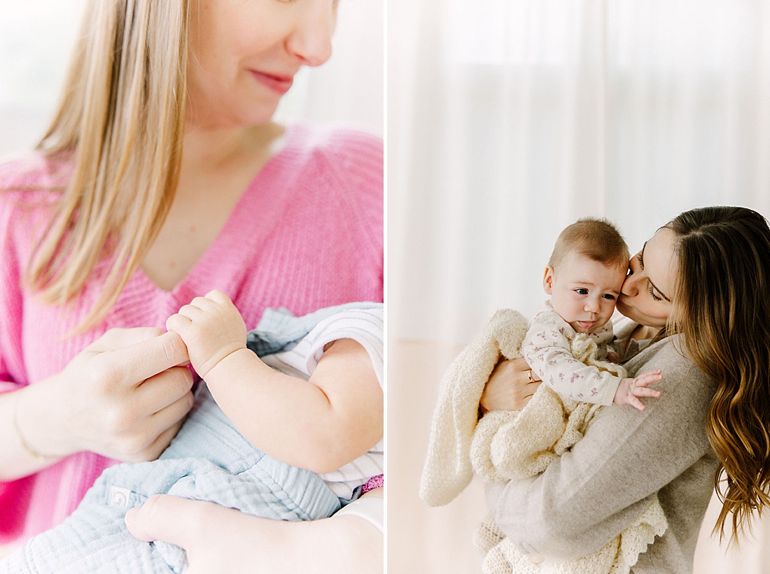 mom holds baby during Chickadee and Hen Post partum mom group at DanceFit Natick Massachusetts