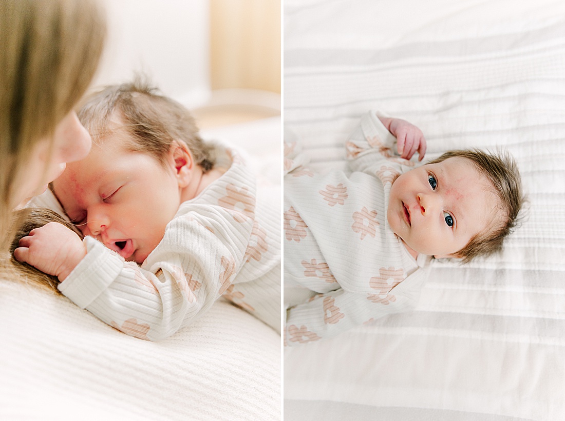 mother holds baby during in-home newborn photo session with Sara Sniderman Photography in Natick Massachusetts