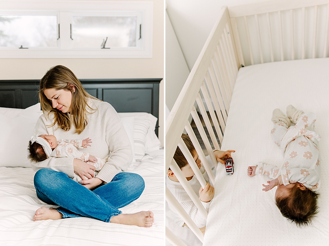 mother sits on bed holding baby during in-home newborn photo session with Sara Sniderman Photography in Natick Massachusetts