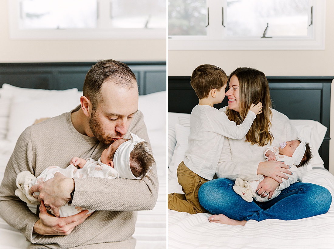 mother and toddler on bed with newborn during in-home newborn photo session with Sara Sniderman Photography in Natick Massachusetts