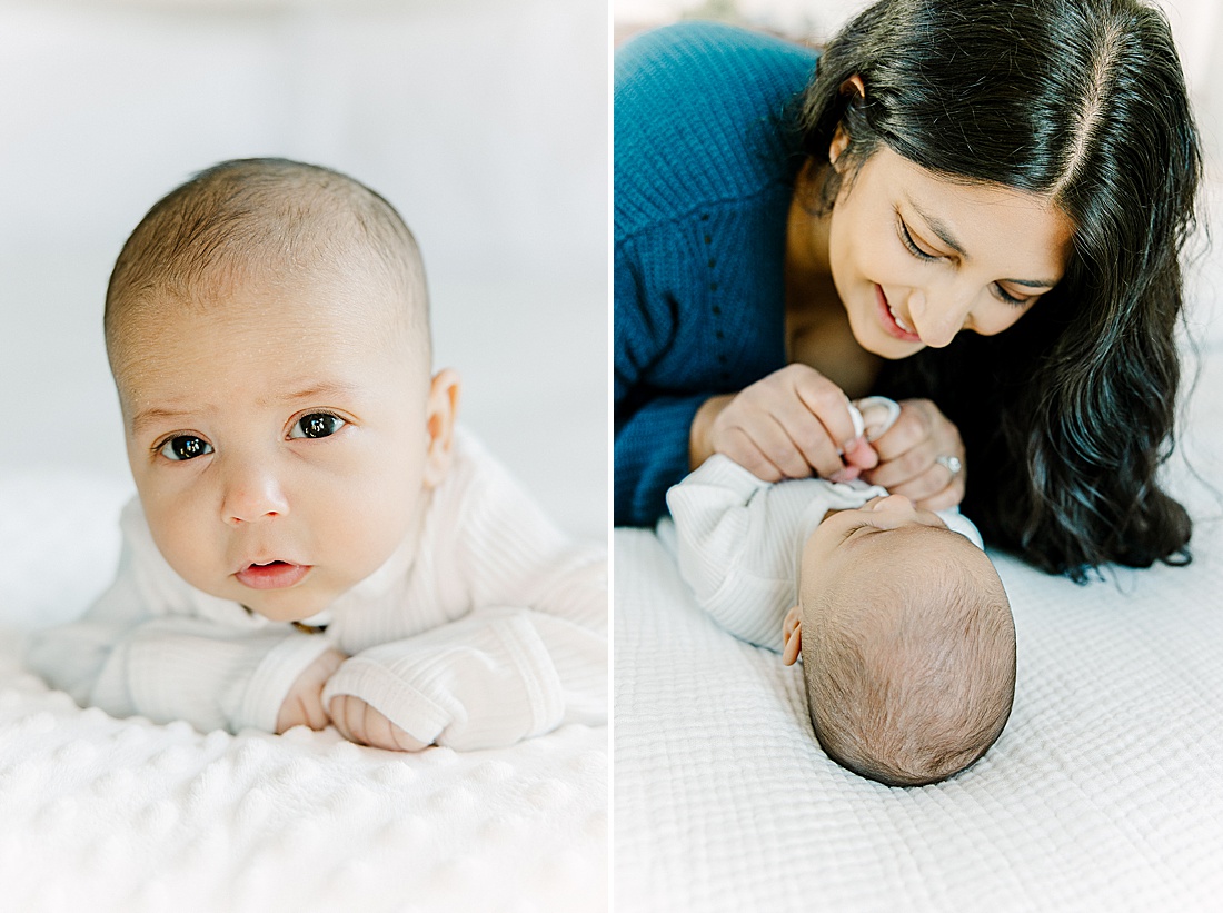 baby does tummy time on bed during in-home newborn photo session with Photographer Sara Sniderman in Metro West Boston. 
