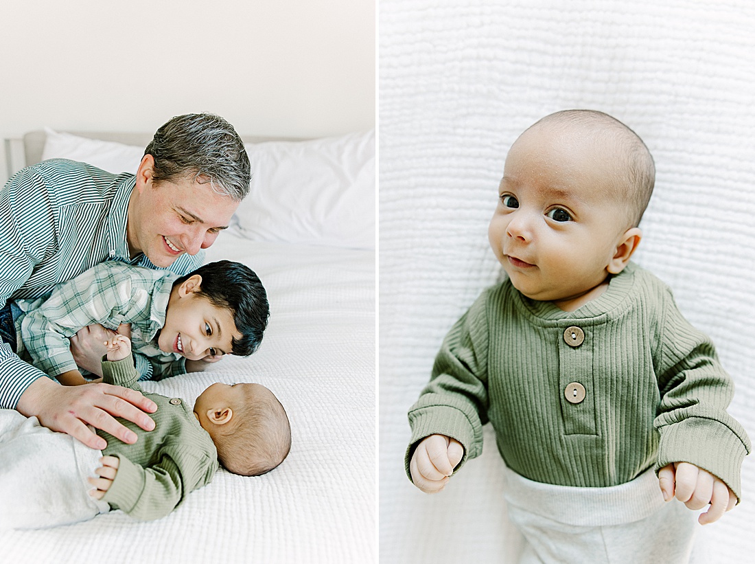 baby lays on bed during in-home newborn photo session with Photographer Sara Sniderman in Metro West Boston. 