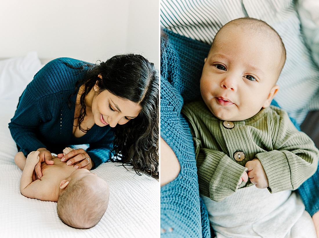mother lays on bed with baby during in-home newborn photo session with Photographer Sara Sniderman in Metro West Boston. 