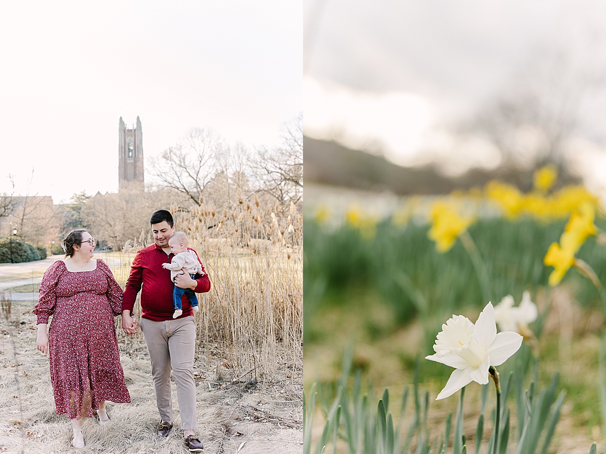 Parent hold hands walking through wellesley  college campus during spring family photo session with Sara Sniderman Photography in Wellesley MA