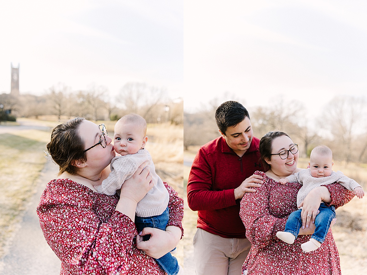mom kisses baby during spring family photo session with Sara Sniderman Photography in Wellesley MA
