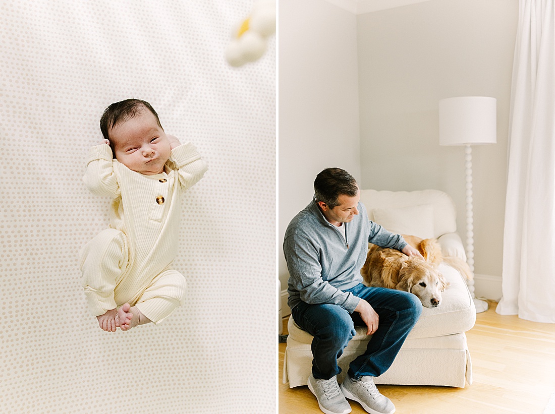 baby lays in crib during in home newborn photo session with Sara Sniderman Photography in Holliston Massachusetts