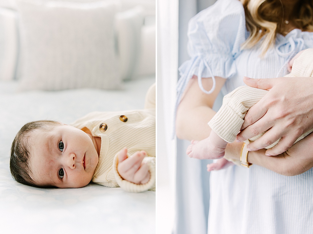 baby lays on bed during in home newborn photo session with Sara Sniderman Photography in Holliston Massachusetts