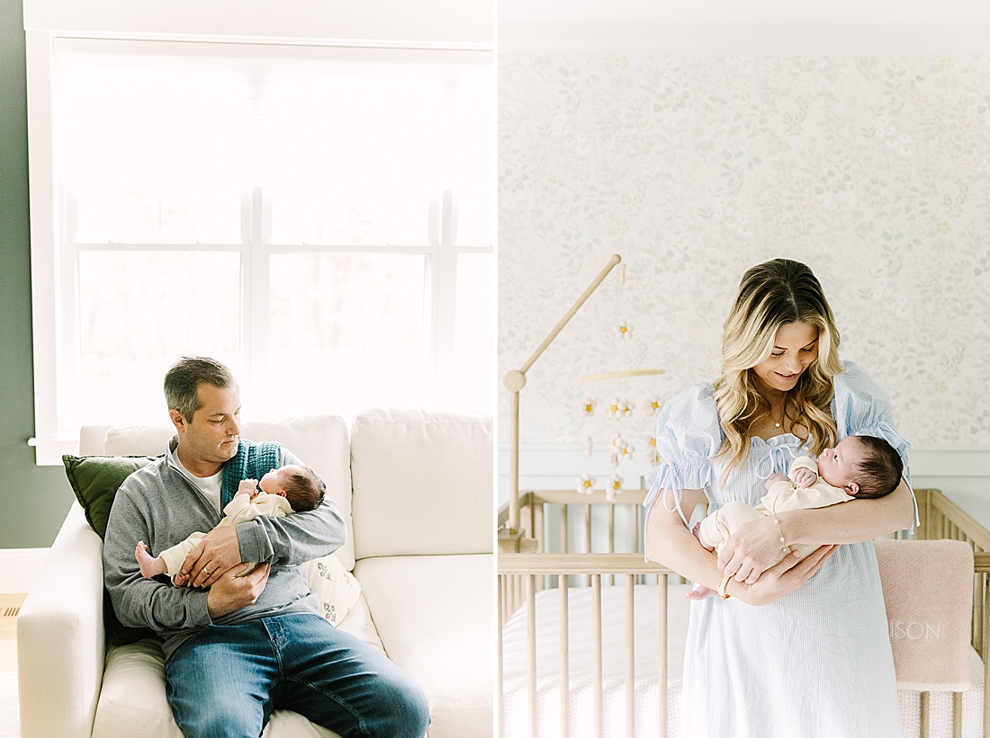 dad sits on couch with newborn during in home newborn photo session with Sara Sniderman Photography in Holliston Massachusetts
