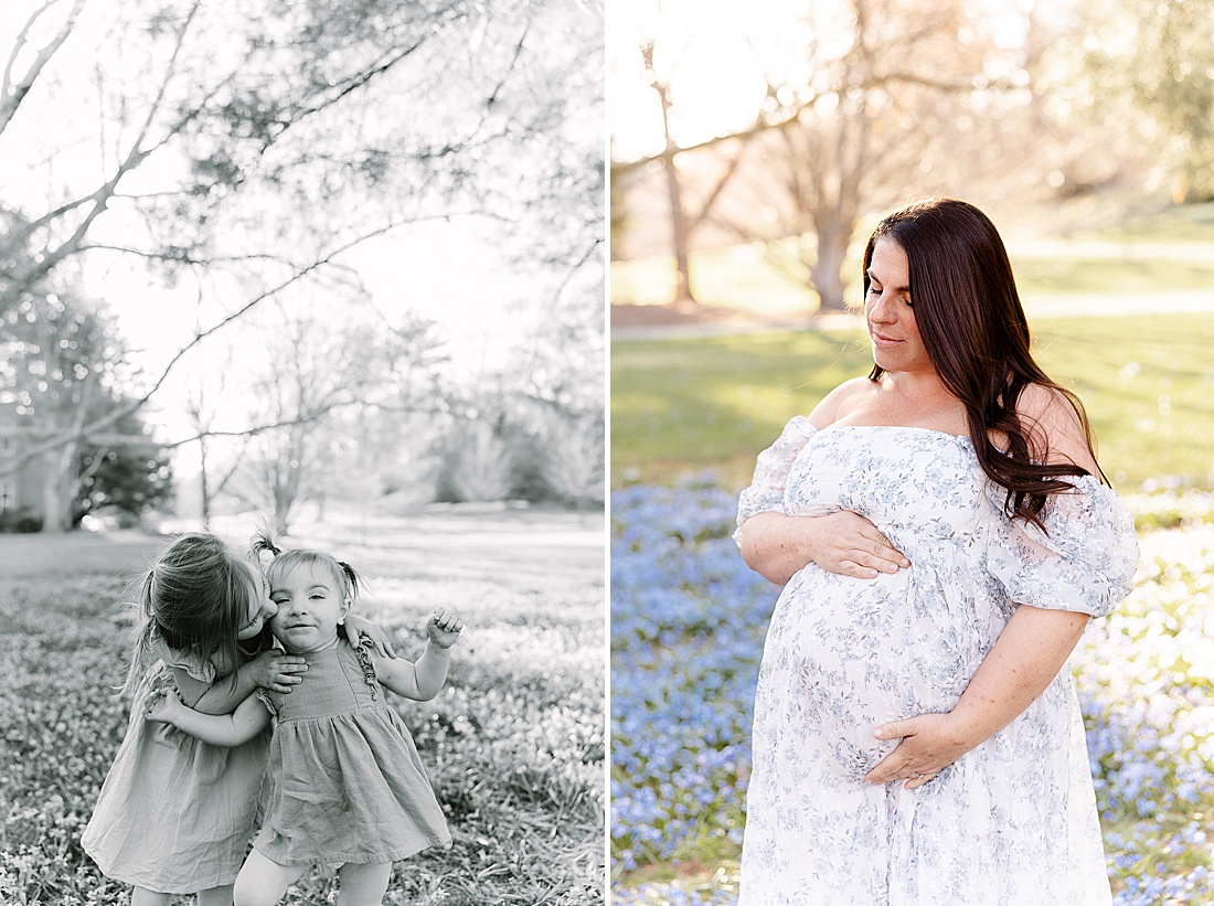 pregnant woman stand in field during maternity photo session at Wellesley College with Sara Sniderman Photography
