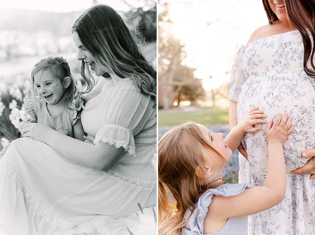 black and white of sisters siting in field during maternity photo session at Wellesley College with Sara Sniderman Photography