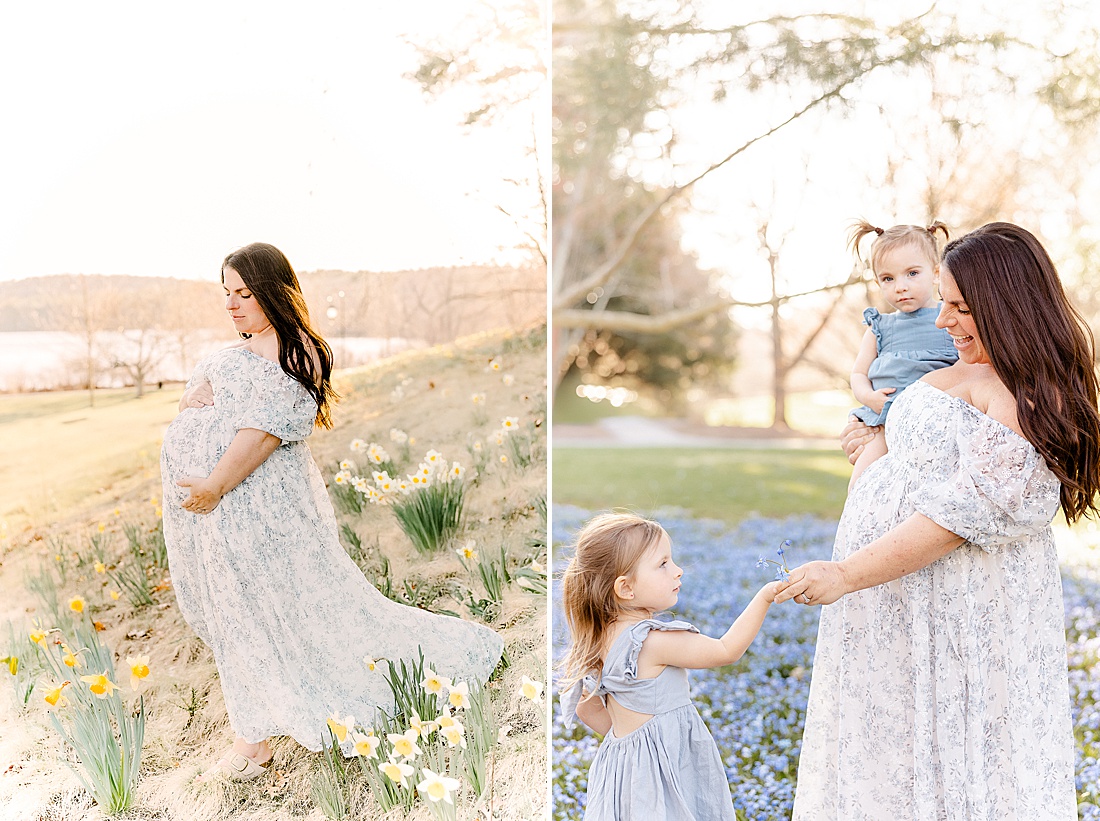 pregnant woman in field of flowers during maternity photo session at Wellesley College with Sara Sniderman Photography