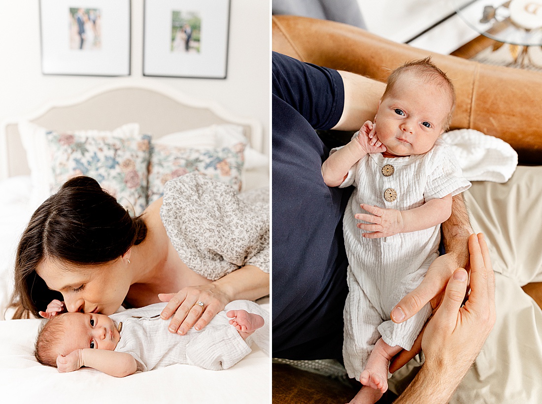 father holds baby during lifestyle in-home newborn photo session with Sara Sniderman Photography in Natick Massachusetts. 