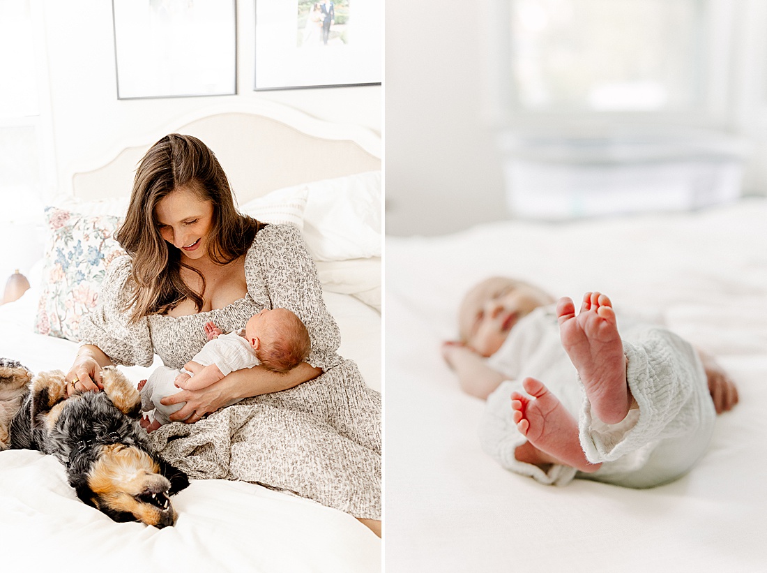 mother hold baby during lifestyle in-home newborn photo session with Sara Sniderman Photography in Natick Massachusetts. 